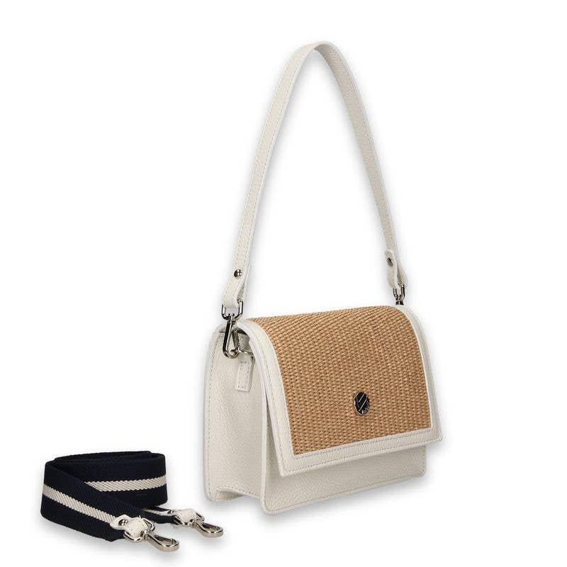 Riviera B- Leather Flap Bag and details in Raffia