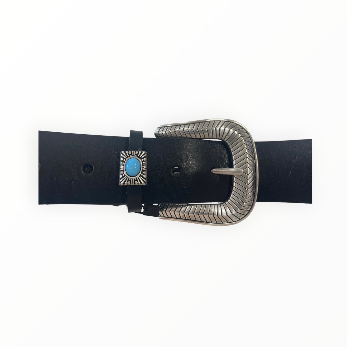 Black Leather with Silver Buckle and Turquoise Pendant