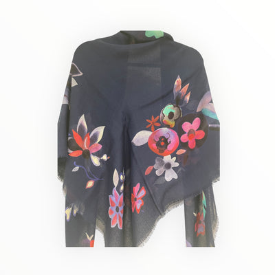 Wool and Silk Blue Flower Print Scarf K1234 11787