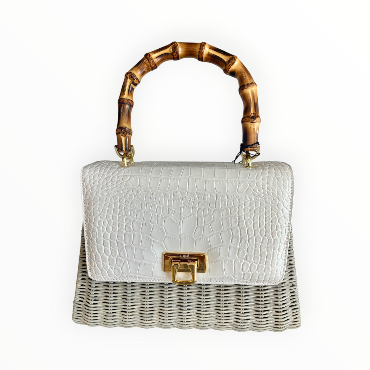Capaf Bamboo Top Handle Crocodile Printed Wicker Bag