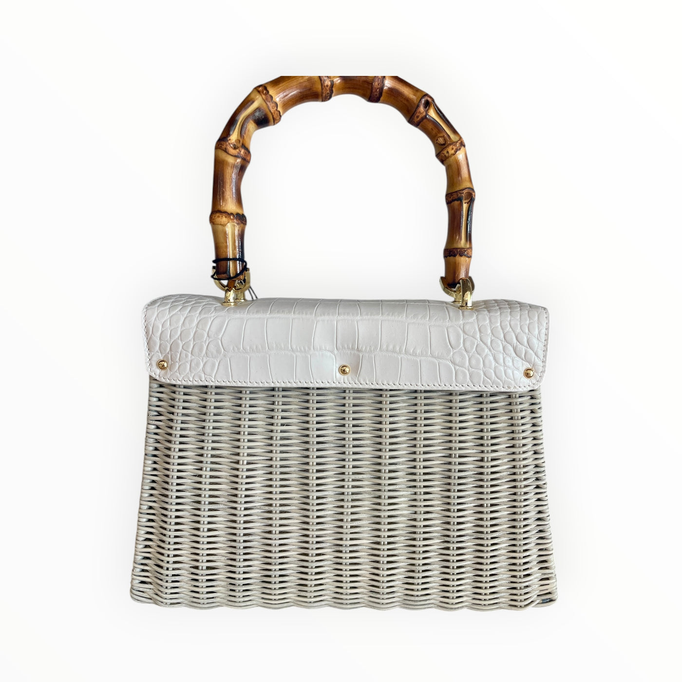 Capaf Bamboo Top Handle Crocodile Printed Wicker Bag