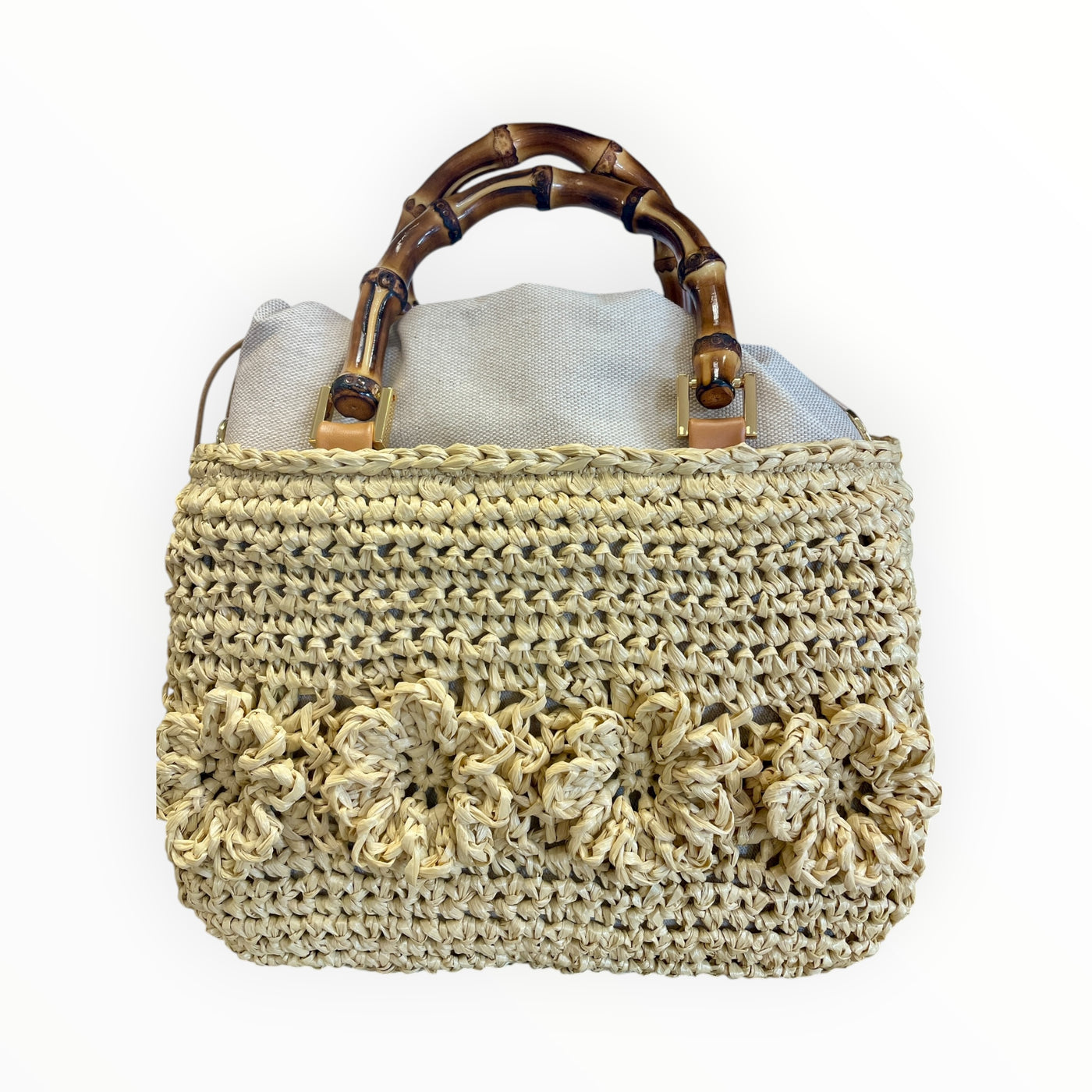 Capaf Leather Top Handle  Flower Crochet Basket Bag
