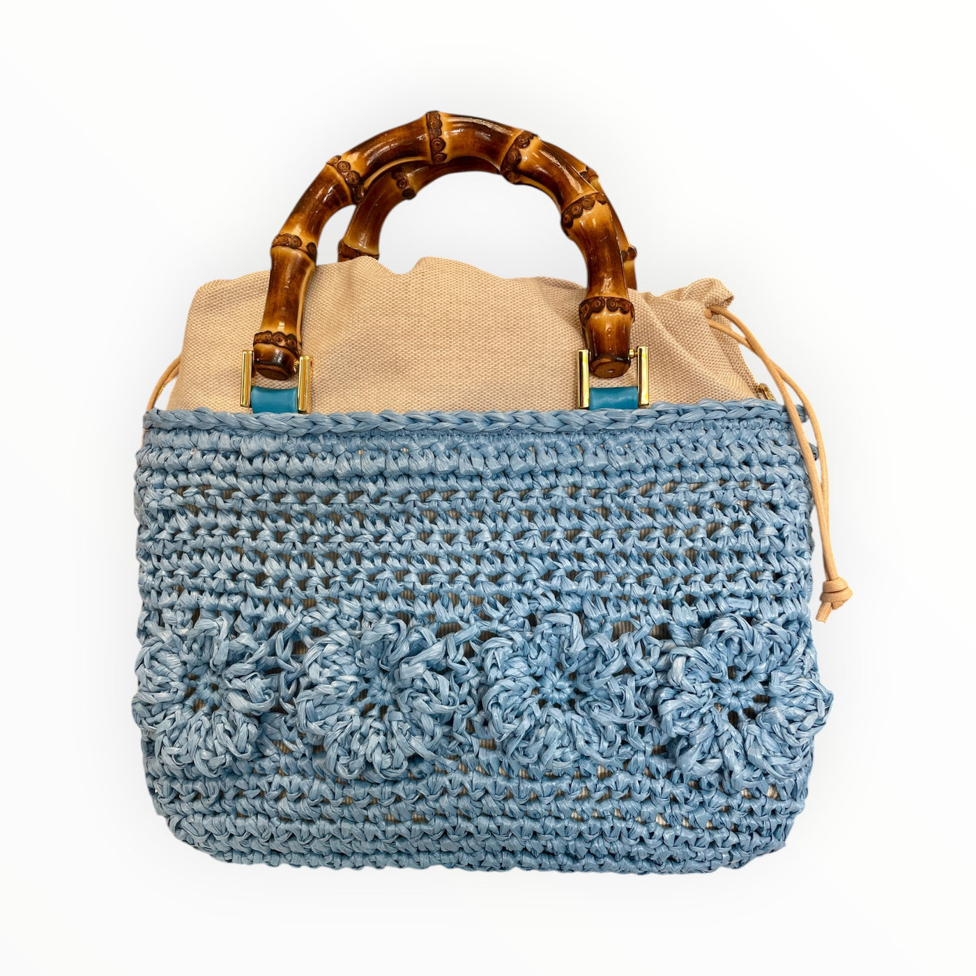 Capaf Leather Top Handle  Flower Crochet Basket Bag