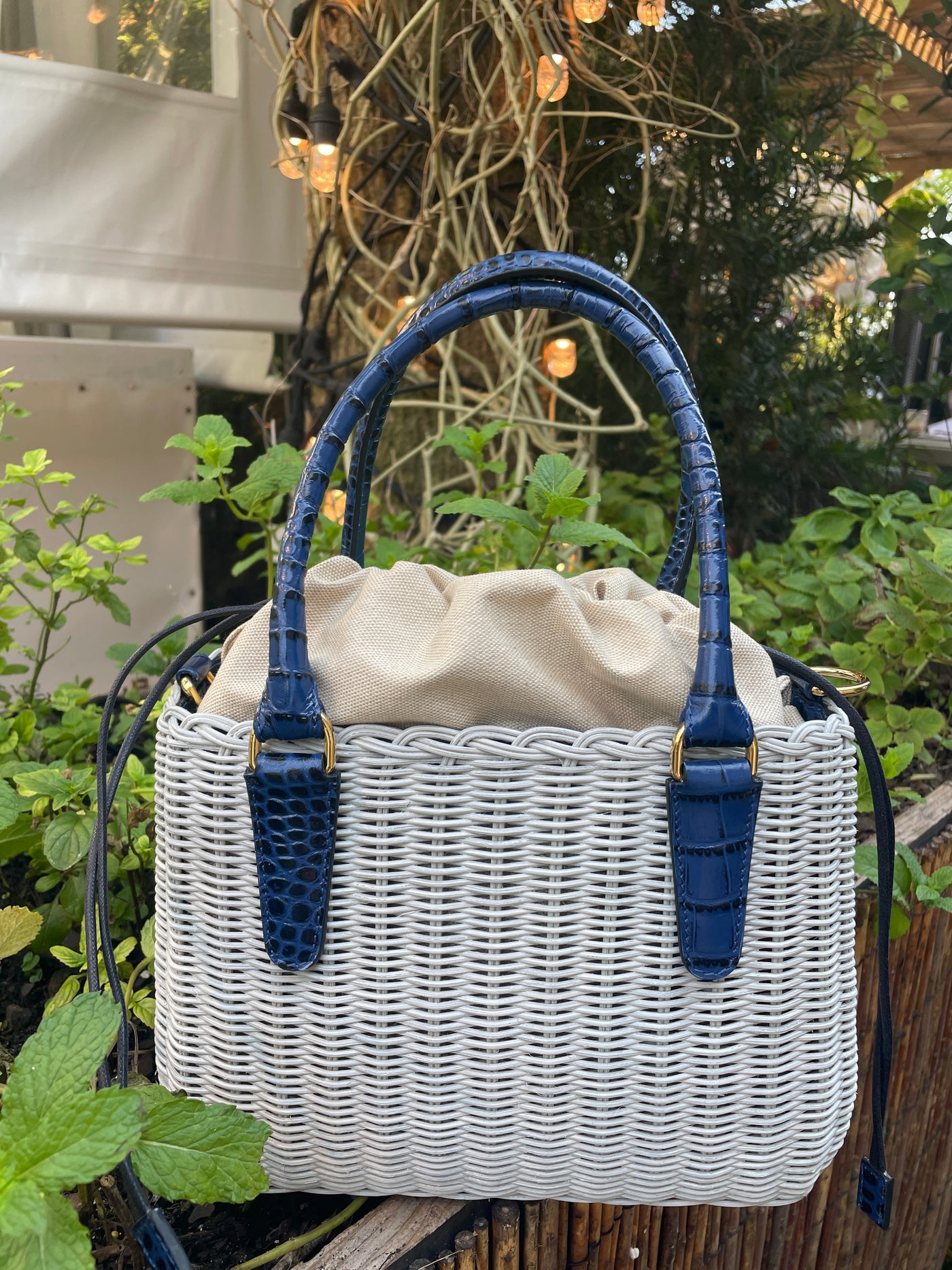 Capaf Leather Top Handle  Crocodile Printed Basket Wicker Bag