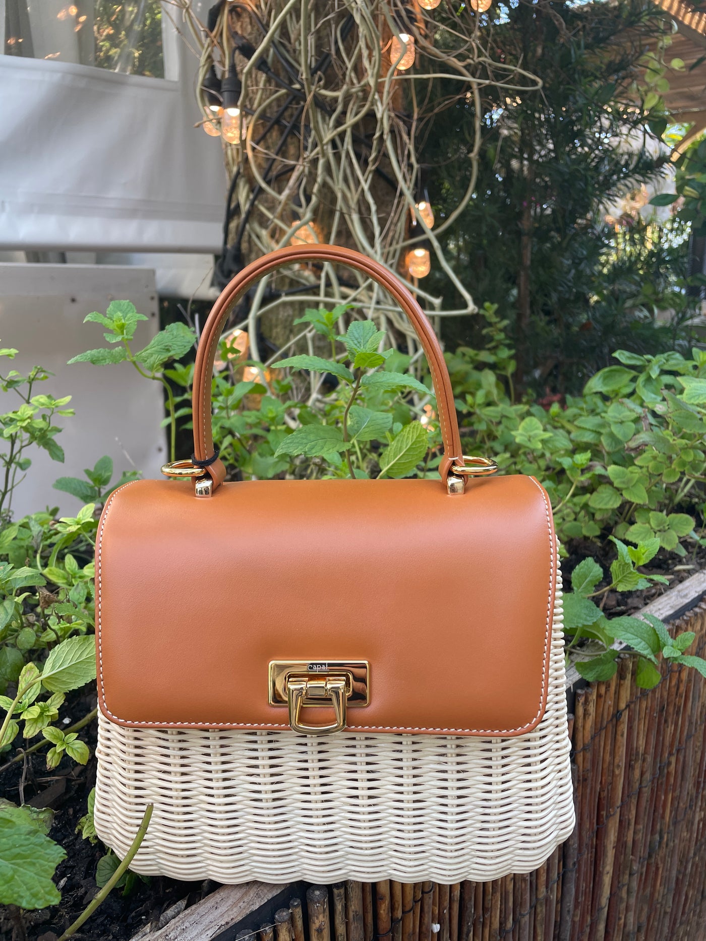 Capaf Leather Top Handle Wicker Bag