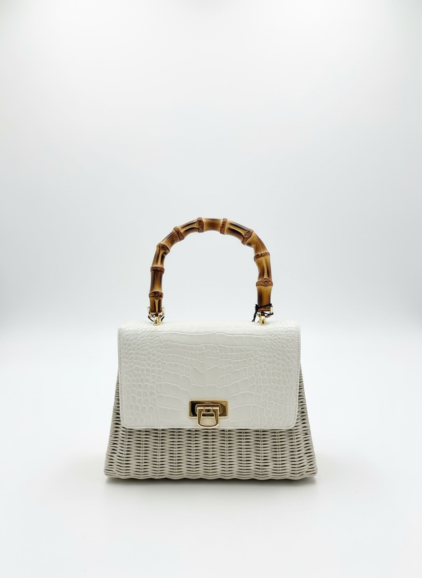 Capaf Bamboo Top Handle Crocodile Printed Wicker Bag