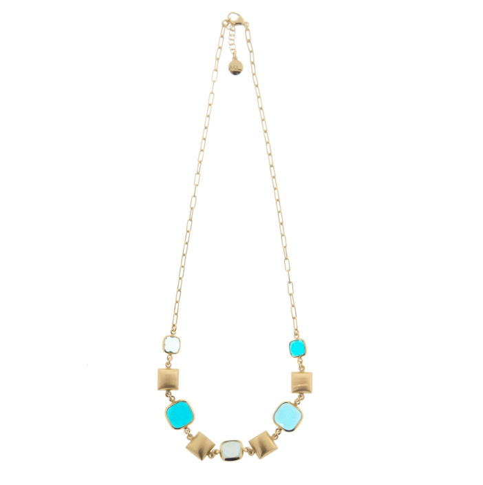 Aquacaramelle necklace with glass paste in shades of petrol color and brushed square soap-shaped elements