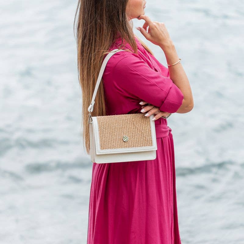 Riviera B- Leather Flap Bag and details in Raffia
