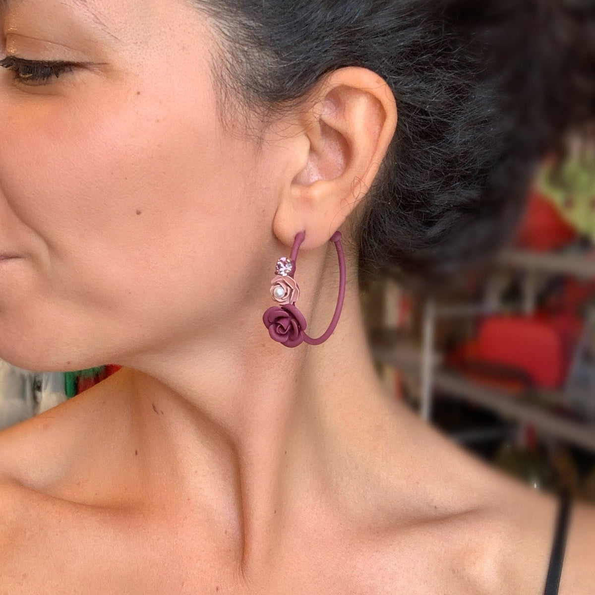 Violetta Floral Hoop Earrings with Crystals - Silk effect