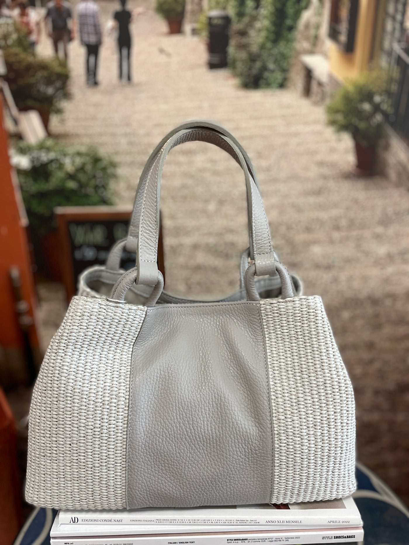 Pearl Hand Woven Leather and Fabric Handbag 3870