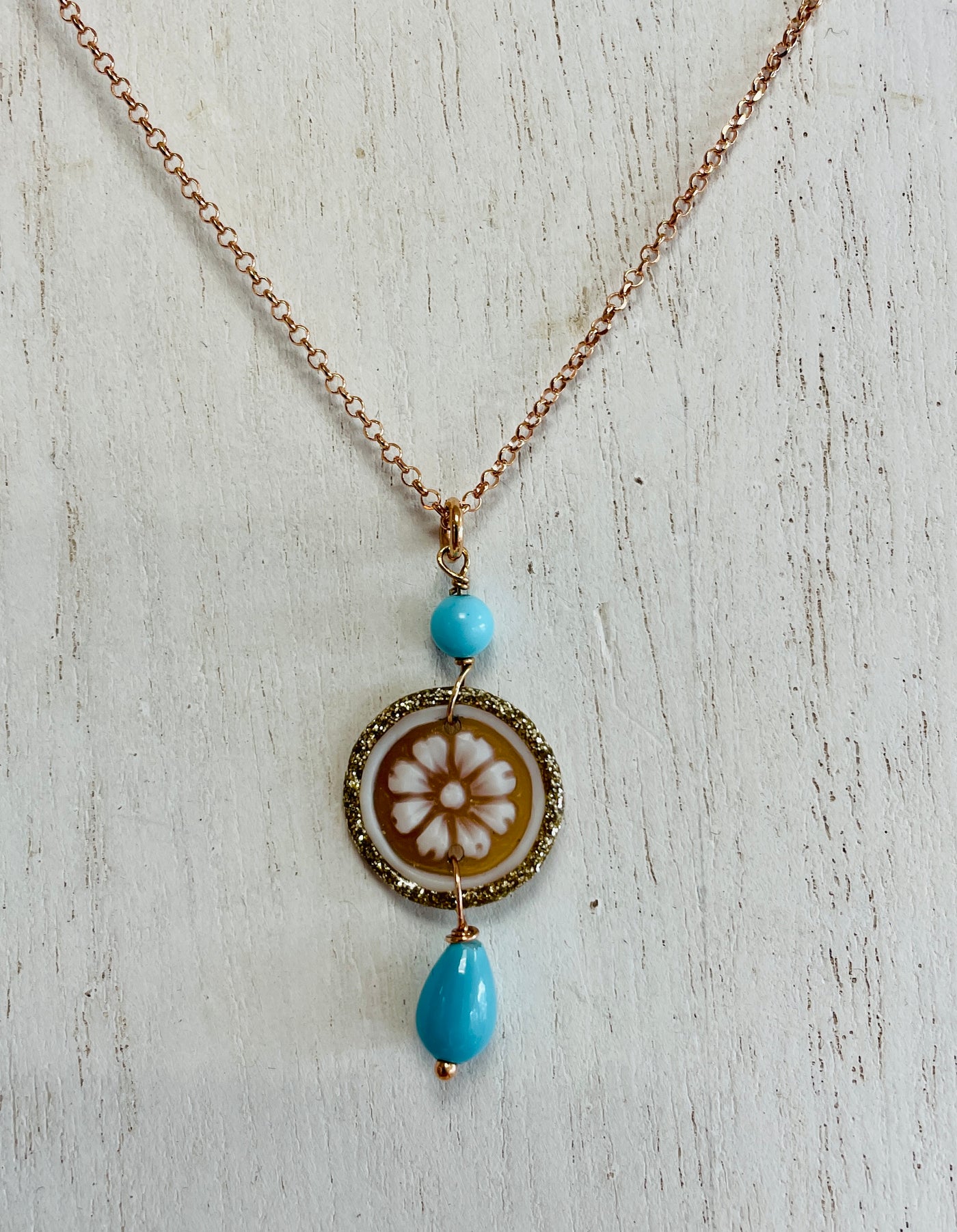 Turquoise and Cameo Flower  Necklace