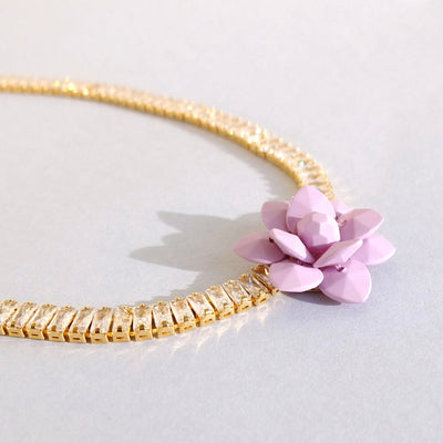 Tennis Choker Retro Style Necklace with Hand-Sewn Lily Flower